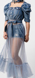 Puff Sleeve Denim Tulle Top (Small)