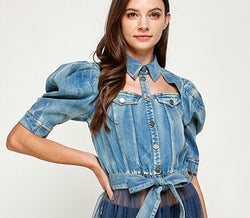 Puff Sleeve Denim Tulle Top (Small)