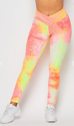 Coral Tie Dye Ribbed Yoga Leggings